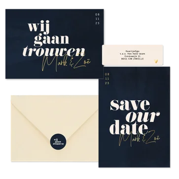 Trouwset donkerblauw met bold tekst en goud
